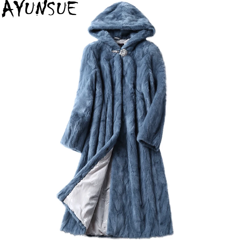 AYUNSUE, норковая шуба, роскошное, настоящее, шуба для женщин, шт, натуральный мех норки, шубы, Длинная зимняя куртка, женская теплая верхняя одежда 16112MC