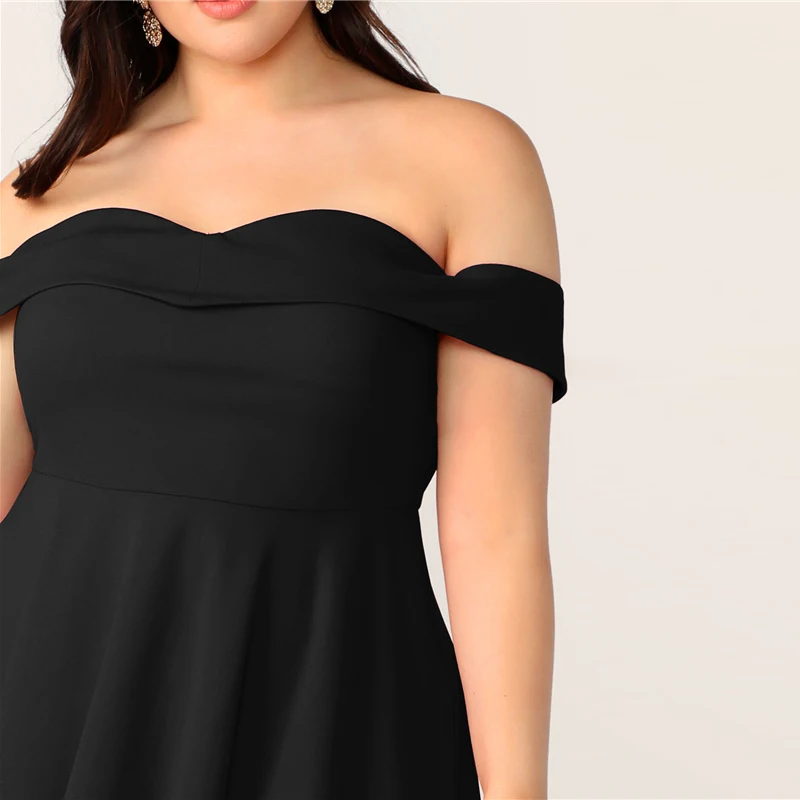 SHEIN, платье трапециевидной формы с открытыми плечами размера плюс,, женское летнее элегантное милое однотонное платье с высокой талией