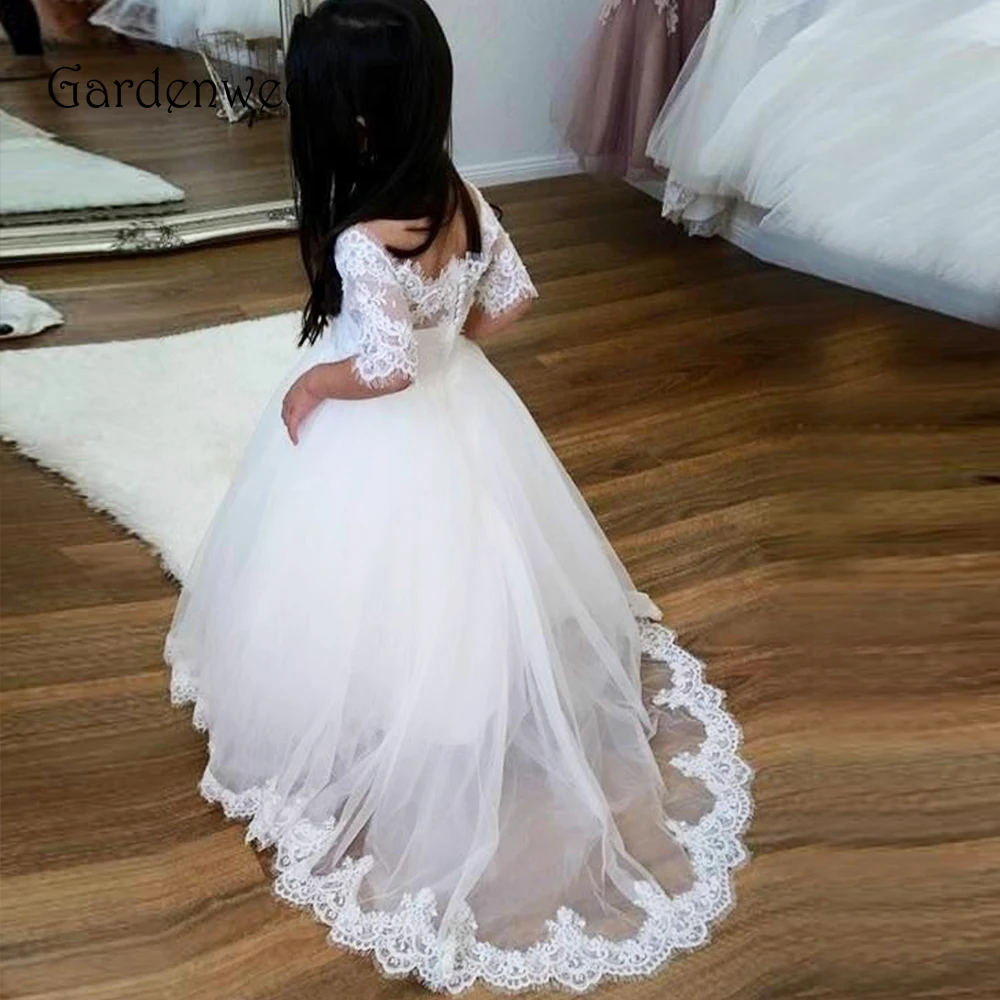 Г. Платья для первого причастия для девочек; vestidos de comunion; пышные платья из тюля с открытыми плечами и кружевными рукавами для девочек