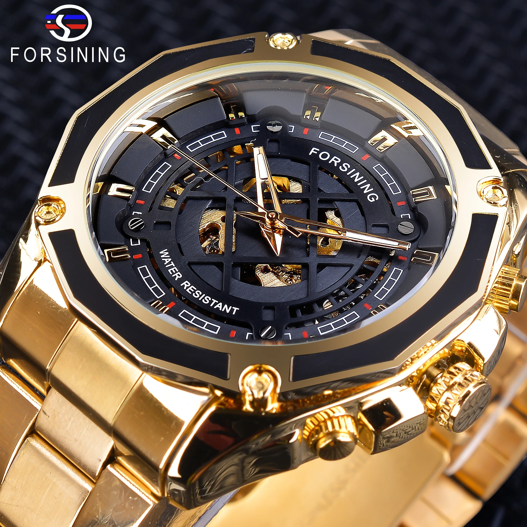 Forsining 3D Transparent Design Gold Stainless Steel Men's Automatic Watch Top Brand Luxury Male Skeleton Clock Montre Homme