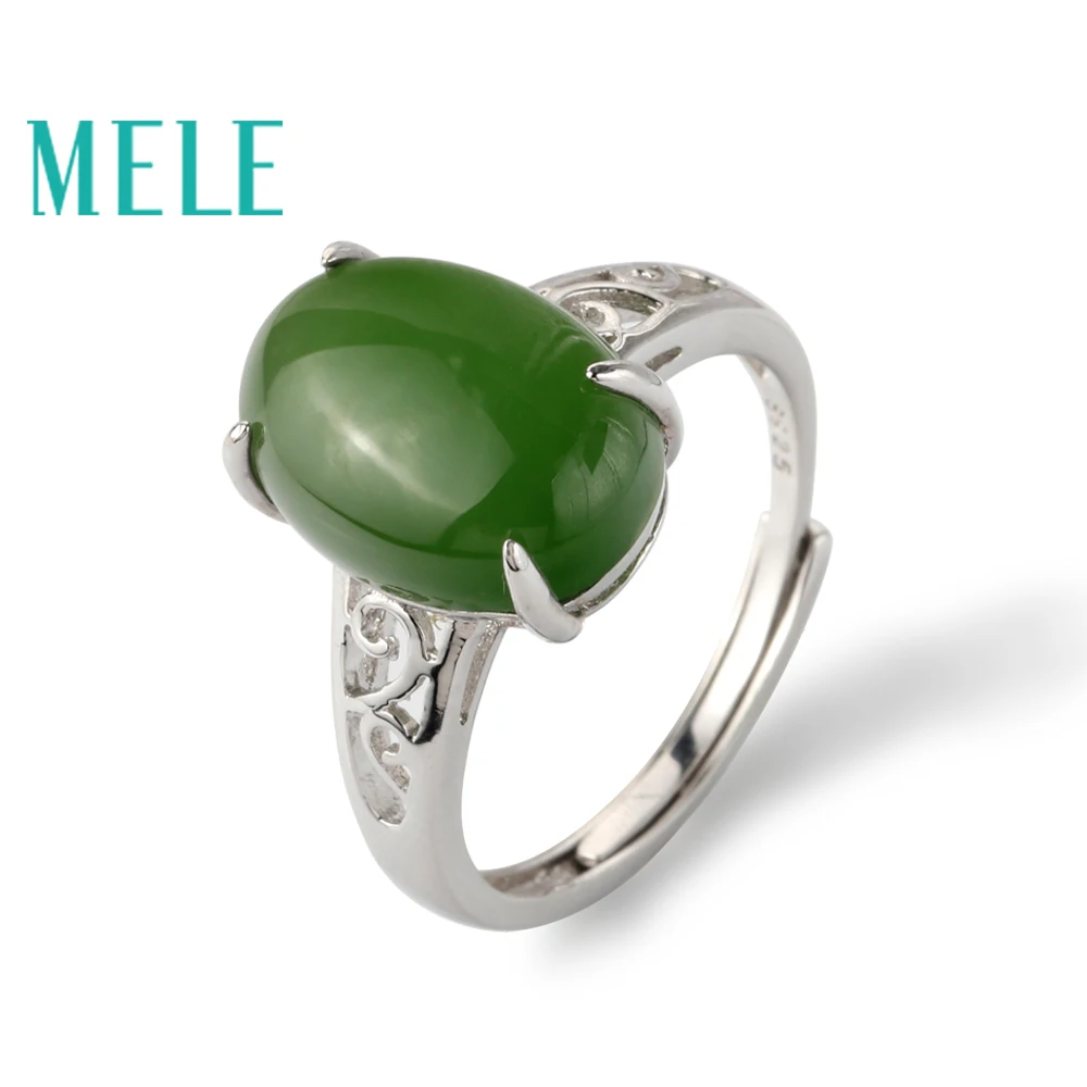 

MELE natural green jasper 925 sterling silver ring for women and man,10mmX14mm Big Oval cut jade gemstone fine simple jewelry