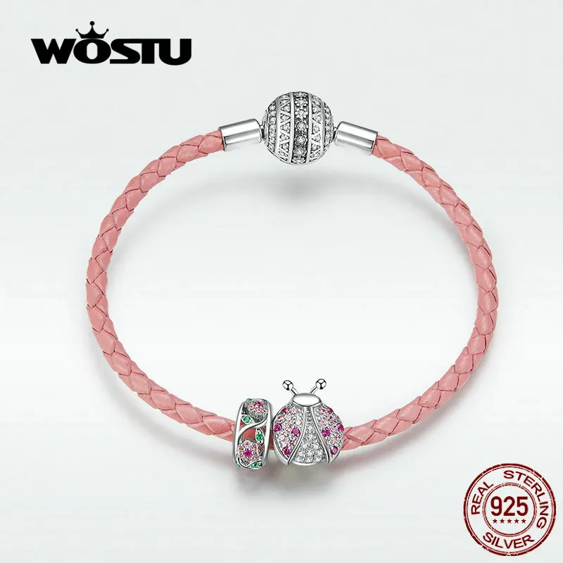 WOSTU подлинное серебро 925 пробы Красная Божья Коровка Браслеты с подвесками &
