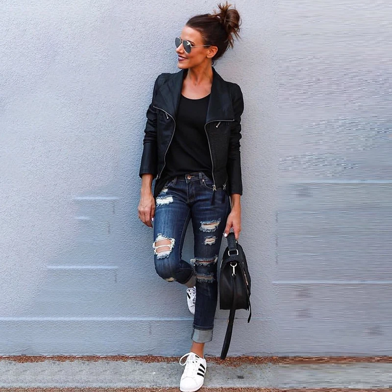 1pc New Style Women Fashion Broken Holes Slim Pants Ladies Jeans Spandex ankle-length Zipper Fly Pencil Casual |