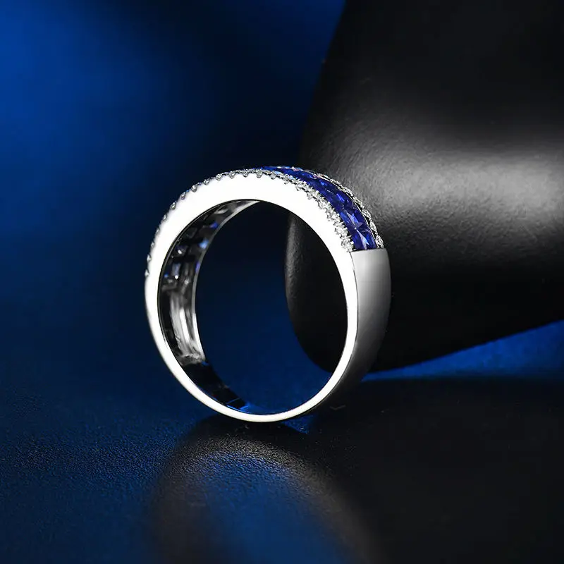 LANMI OFFCIAL Fine Jewelry Solid 14Kt из белого золота для мужчин, обручальное кольцо с натуральным синим сапфиром и бриллиантом для мужчин