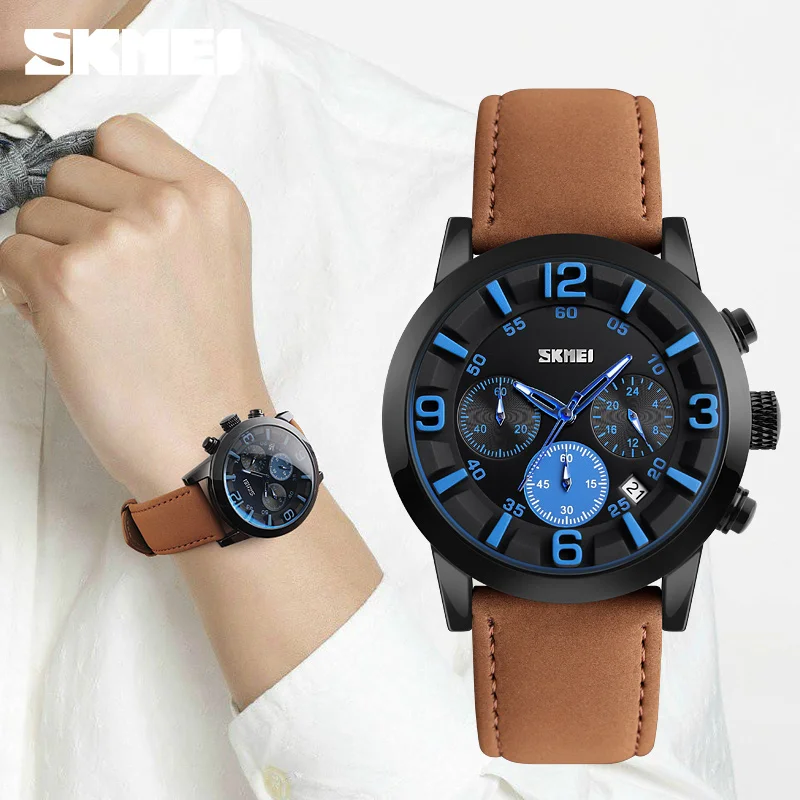 

Skmei Men Watch Top Luxury Brand Fashion Clock Leather Strap Waterproof Multifunction Army Military Quartz Wristwatches
