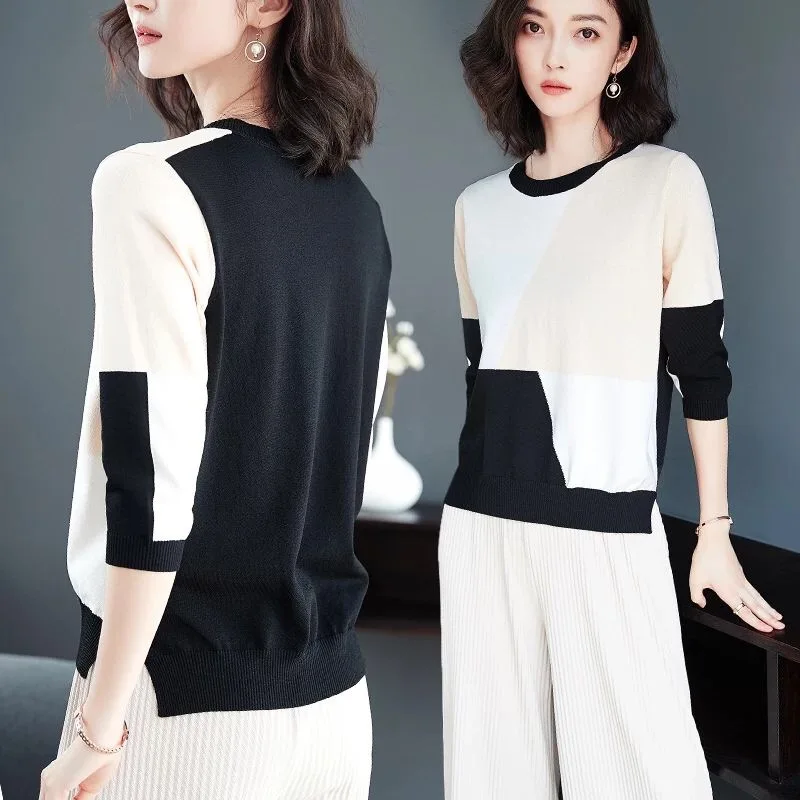 Vangull Summer Contrast Color Women Sweater Casual Half Sleeve Pullovers O-Neck Knitted Tops Jumper Thin Femme Soft | Женская одежда