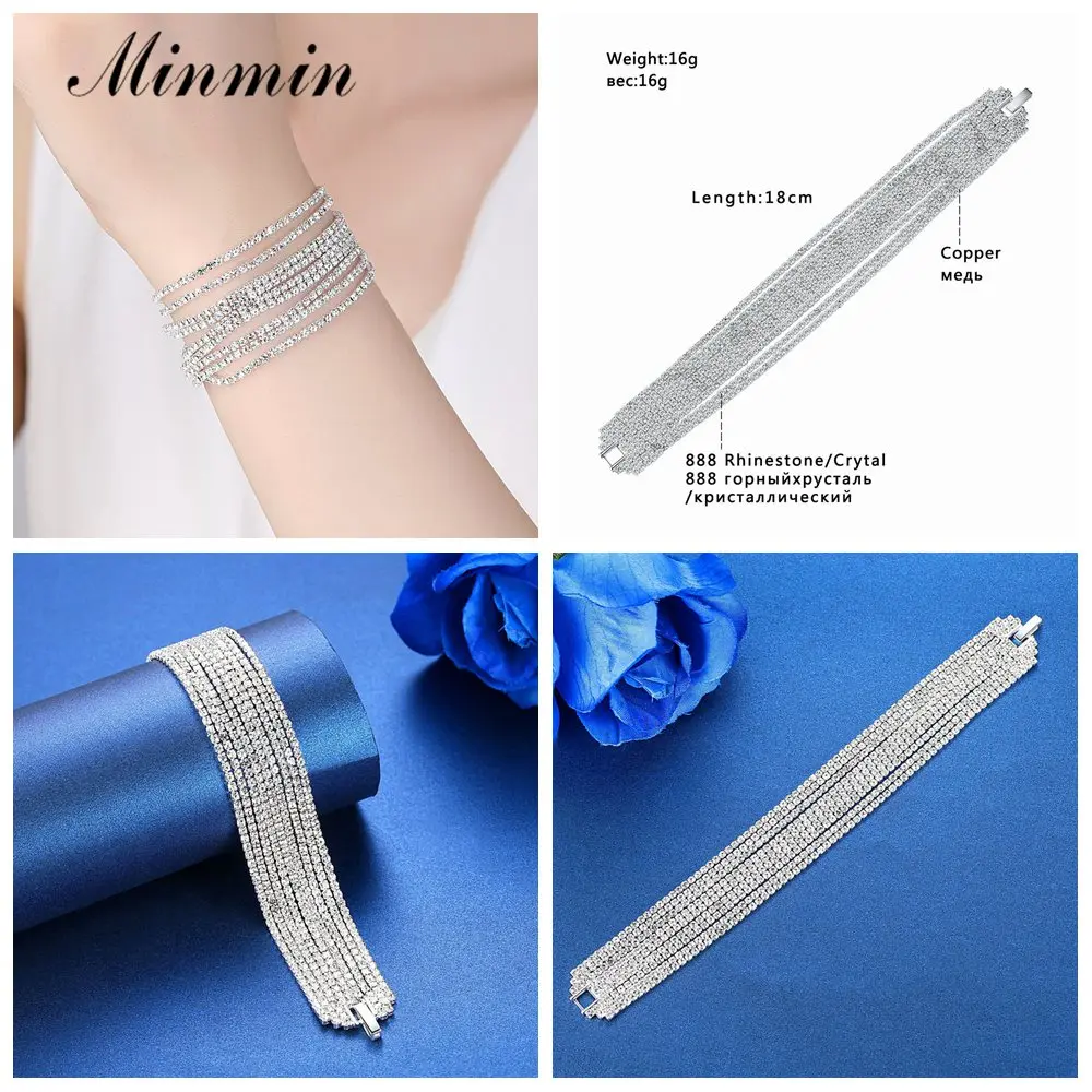 Женские многослойные браслеты Minmin серебристые с кристаллами для невесты