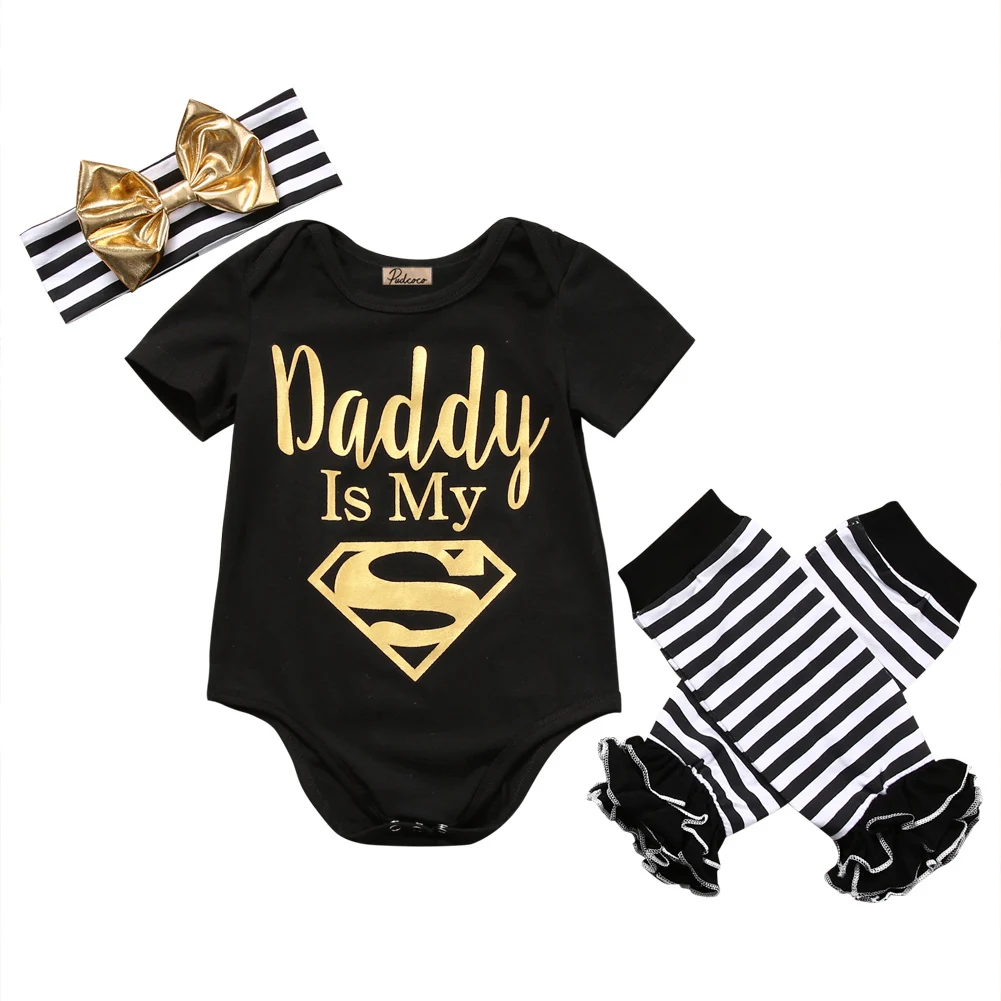 Newborn Baby Boy Girl 3pcs Outfit Clothes Set Short Sleeve Daddy Romper Tops+Striped Leg Warmer Bow Headband Outfits | Детская одежда и