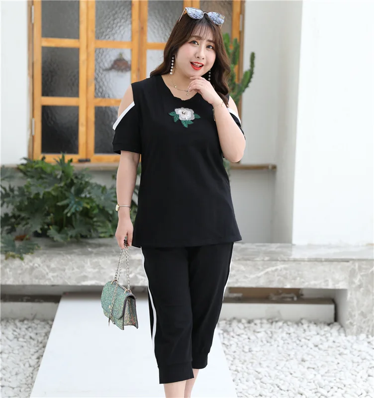 4XL-8XL, плюс размер,, женские летние комплекты из 2 предметов, повседневные костюмы из двух предметов, черный топ+ штаны, Дамский 6XL, 7XL, большая футболка и штаны, комплект