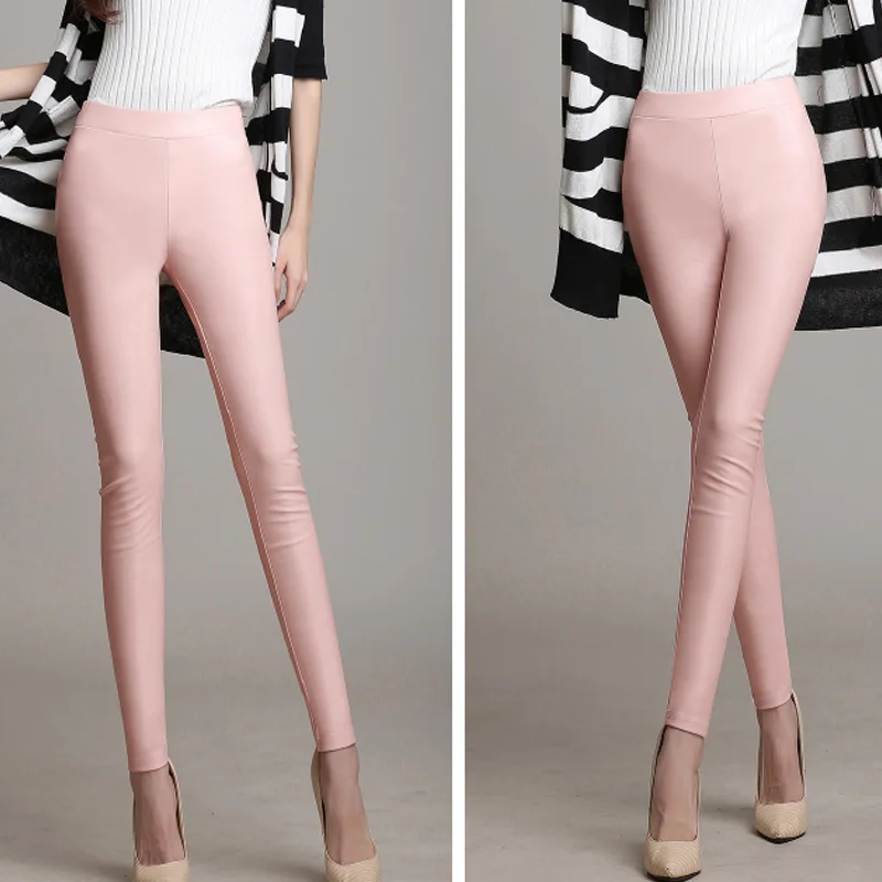 Большие размеры зимние штаны из искусственной кожи с высокой талией женские