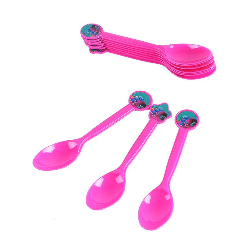 Spoon 10pcs Тролли С Днем Рождения Детские вечерние украшения детский душ бумажная тарелка чашка флаг вечерние принадлежности Набор посуды для детского душа - Цвет: Spoon 10pcs