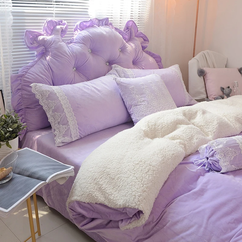 Blue Pink Purple Soft Berber Fleece Princess Girl White Lace Bedding Set Fleece Fabric Duvet Cover Bed sheet/Linen Pillowcases