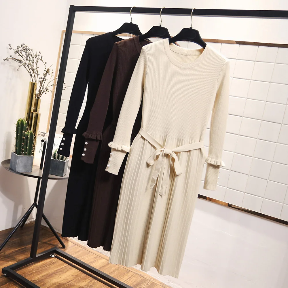 2019 осенне-зимнее платье-свитер с длинными рукавами корейское женское