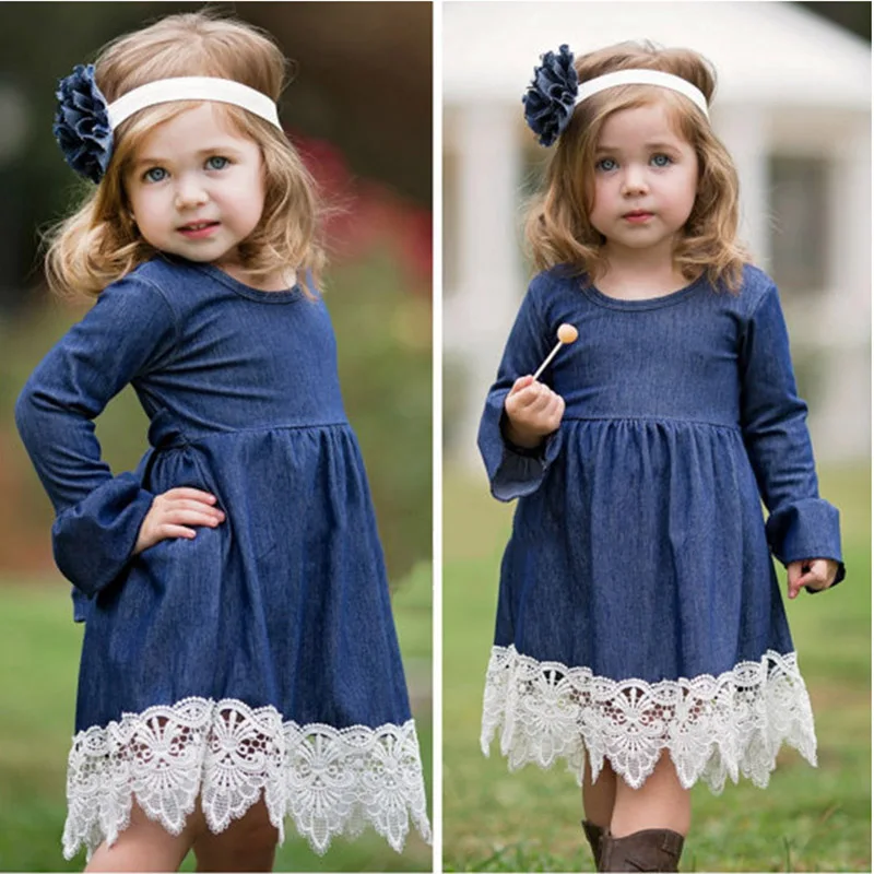 Платья для девочек новинка 2019 милые джинсовые кружевные платья с вышивкой