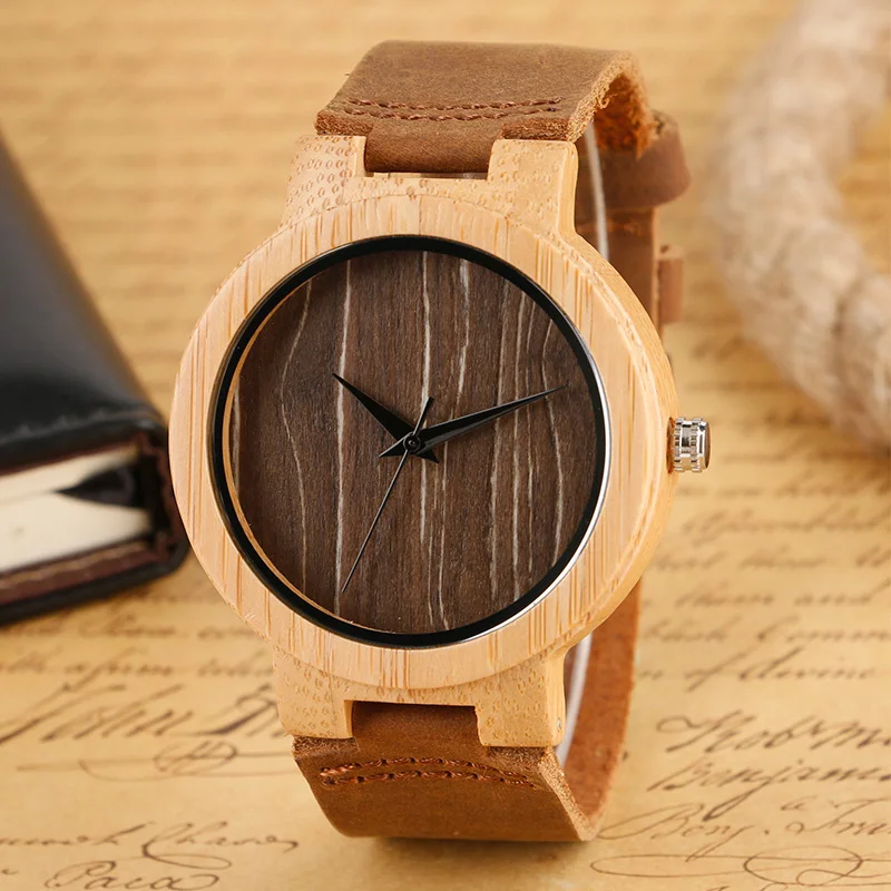 

Top Wooden Watches Handmade Genuine Leather Bamboo Creative Wrist Watch Simple Sport Analog for Men Women Clock Xmas Gift