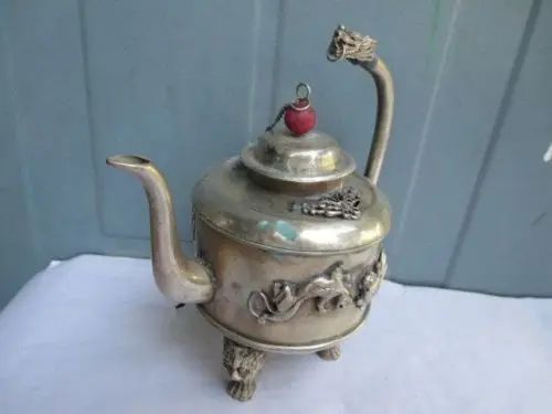 Изысканный старинный китайский античный белый медный дракон|teapot| |