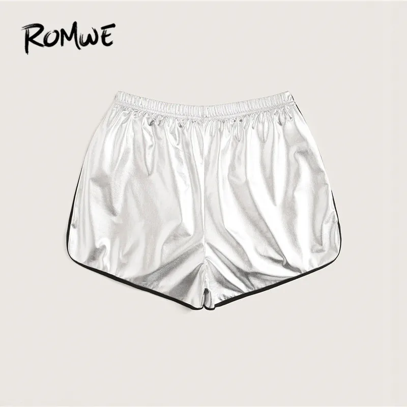 ROMWE Grey Knot Waist Contrast Binding Metallic Dolphin Shorts Women Athleisure Elastic Drawstring Waist Summer Shorts