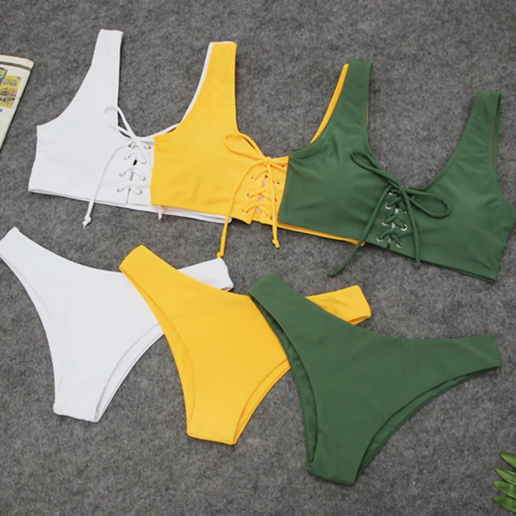 Женский сексуальный купальник бикини из двух частей Одноцветный с бантом