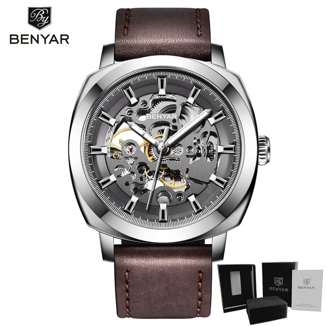 silver brown BENYAR новые модные механические мужские часы водонепроницаемые классические Топ брендовые Роскошные автоматические деловые мужские наручные часы Relogio Masculino - Цвет: silver brown
