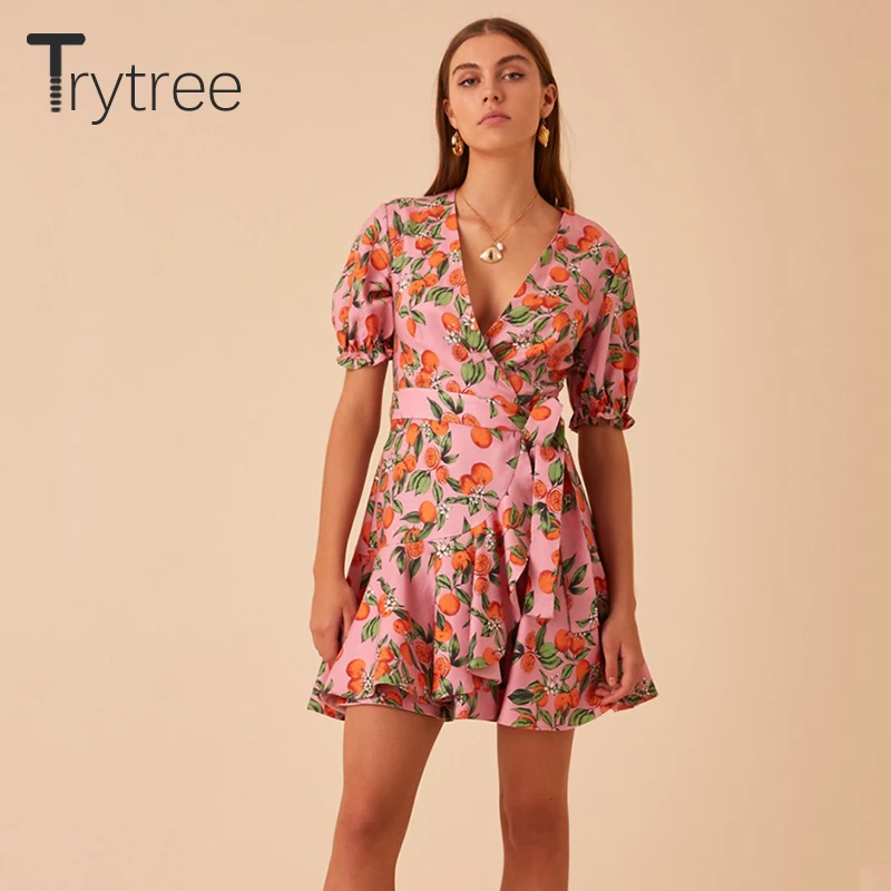 Trytree 2019 летнее женское платье повседневное с v-образным вырезом пояс пышные