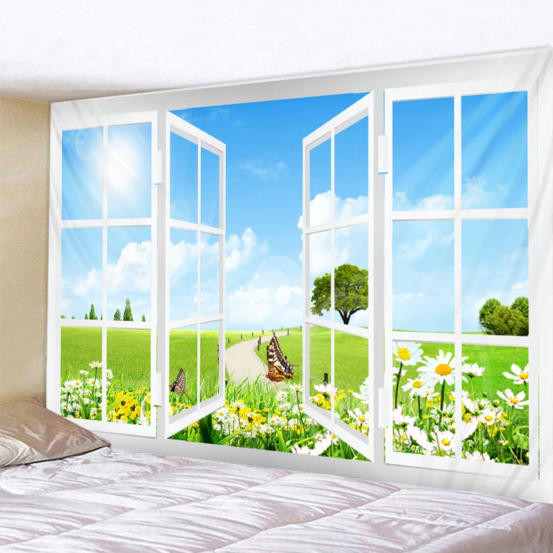 

Blue Sky Meadow Outside The Window Printed Psychedelic Tapestry Wall Hanging Beach Towel Polyester Thin Blanket Yoga Shawl Mat