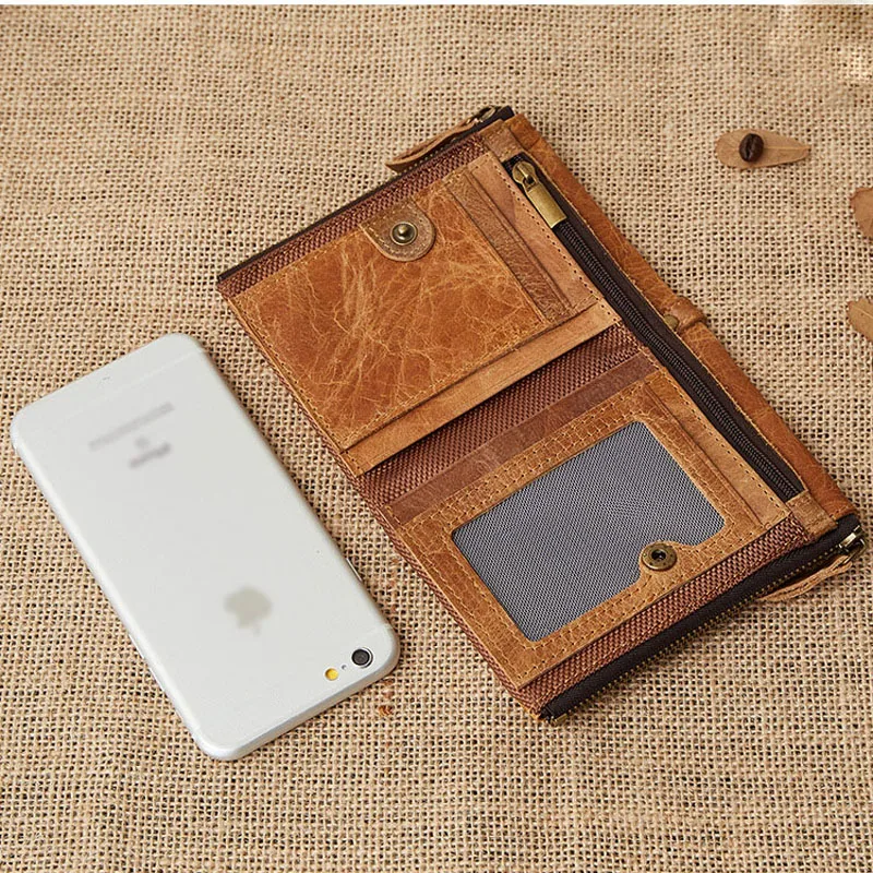 Мужской кожаный кошелек Crazy Horse короткий ручной работы с карманом для монет