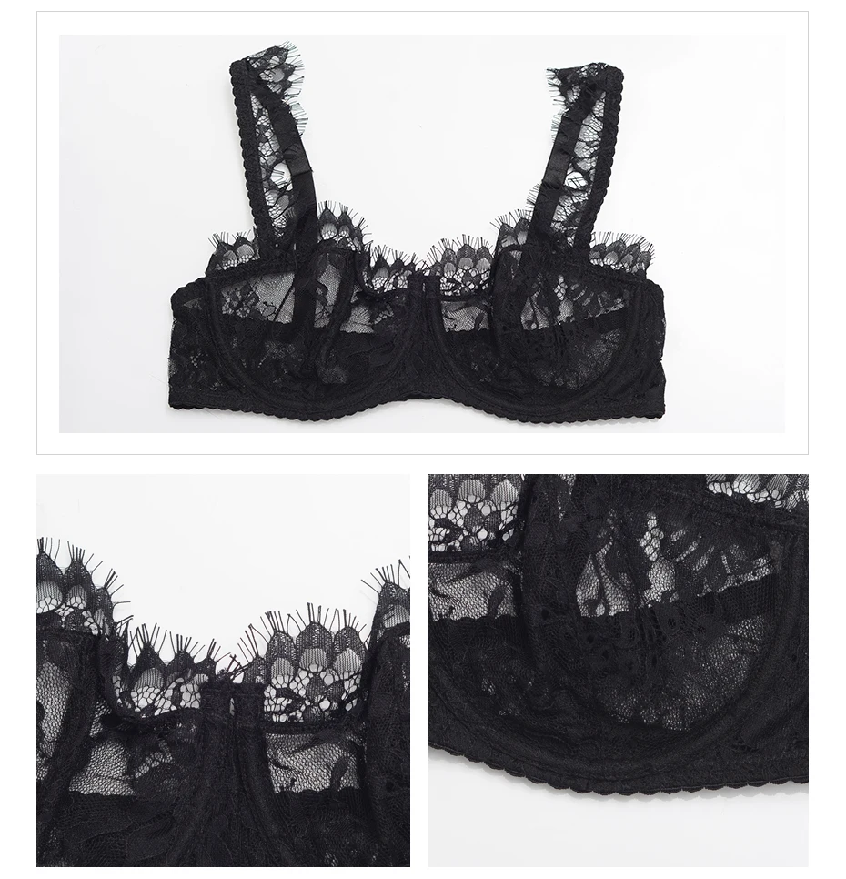 Munllure Elegant Eyelash Lace Bra Set Women Sexy Fashion Thin Transparent Underwear Perspectivity Plus Size Panties