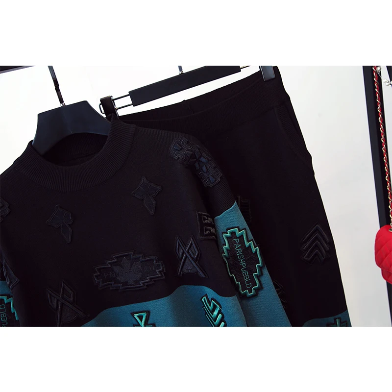 Fashion applique embroidery color matching knit suit women's spring and autumn new temperament leisure two-piece