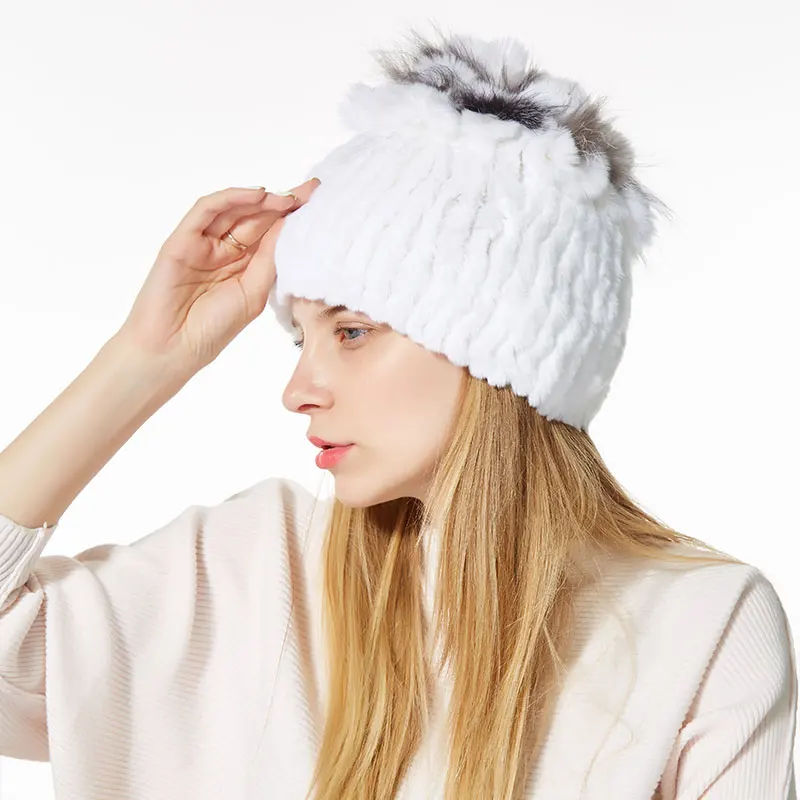 Новинка, зимняя женская шапка,, настоящий мех кролика, skullies& beanies, женские вязаные шапки, зимняя шапка для женщин, толстая шапочка для девочек - Цвет: color 14