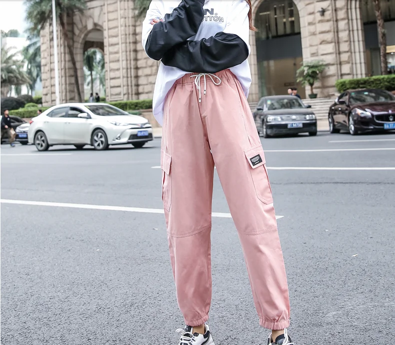 pink pants Neploe хлопковые брюки карго для женщин с высокой талией хип-хоп брюки для женщин Свободные шаровары Новые повседневные штаны длиной до щиколотки 39035 - Цвет: pink pants