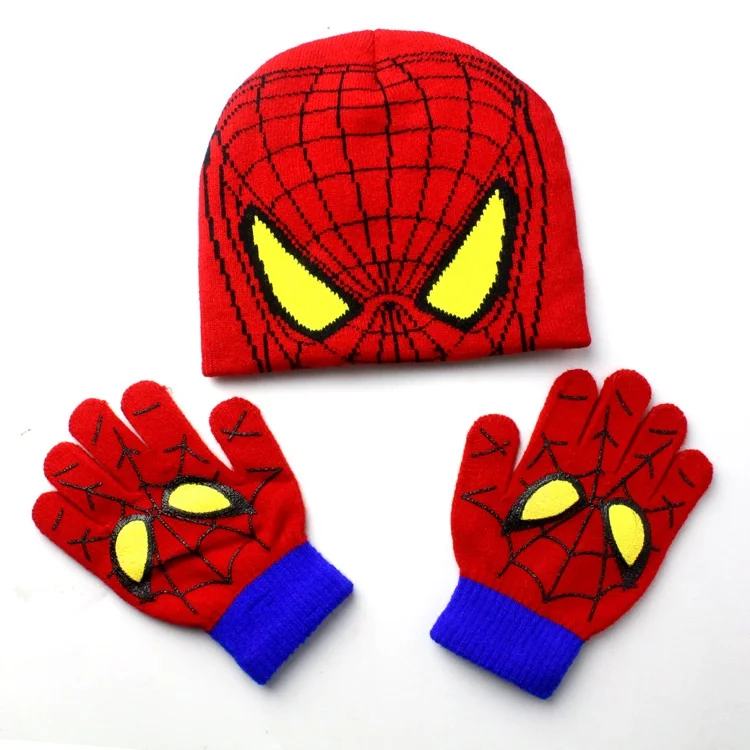 Autumn Winter Girls Boys Hat Set Cartoon Warm SpiderMan Cap knitted Hat Gloves Children Kids Baby Hat Sets/COSPLAY - Цвет: Красный
