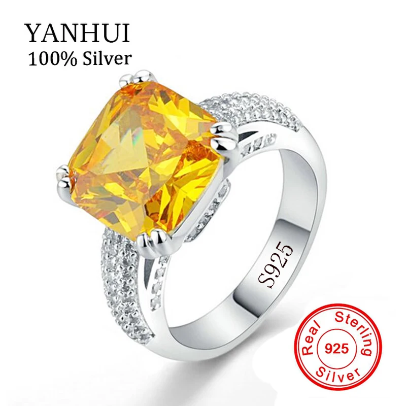 YANHUI Твердые 925 серебряные кольца, ювелирные изделия Большой желтый 10 мм 5 карат SONA CZ каменный кубик Свадебные Кольца для женщин LR178