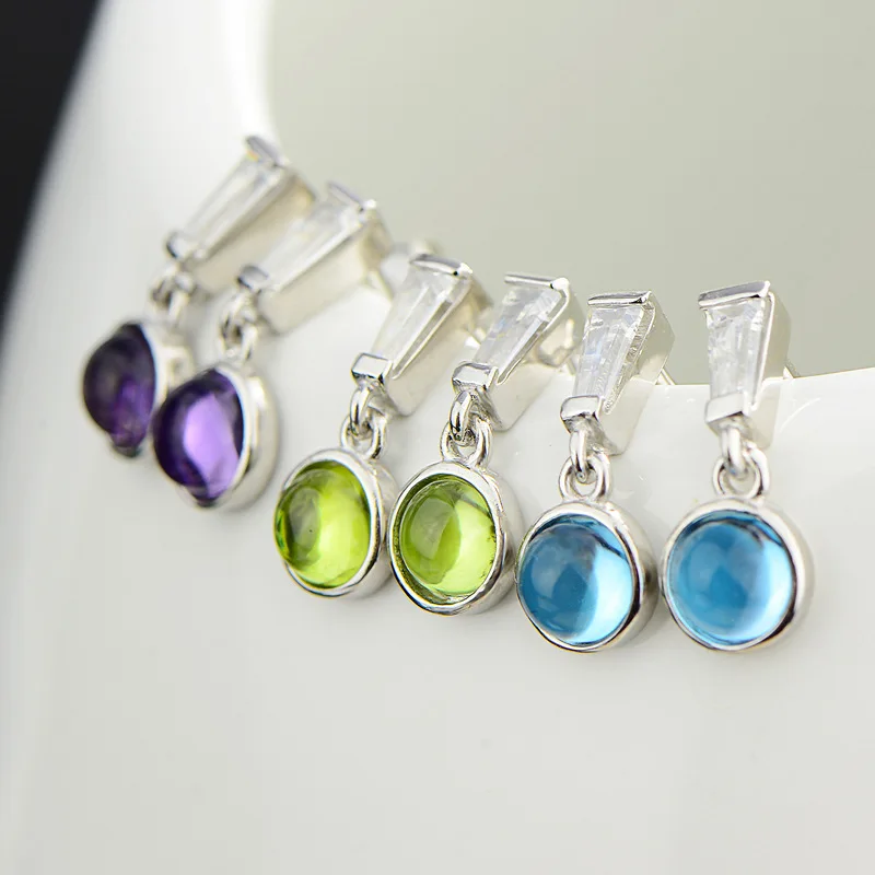 Женские серьги подвески с натуральным топазом простые элегантные круглые из