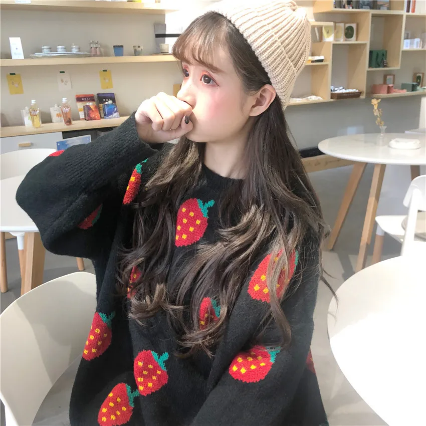 Корейский Ulzzang Зимний Большой размер свободный Забавный клубничный принт шикарный длинный рукав женский милый ins o-образный вырез модный Повседневный свитер