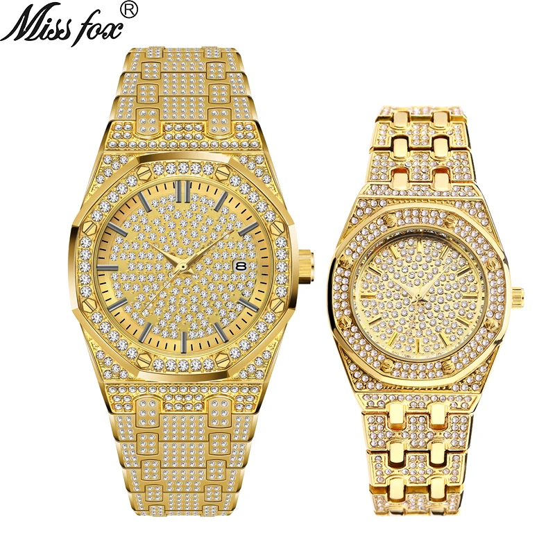 MissFox 18 К золото Iced Out Lab Dimaond люксовый бренд из нержавеющей стали Аналоговый