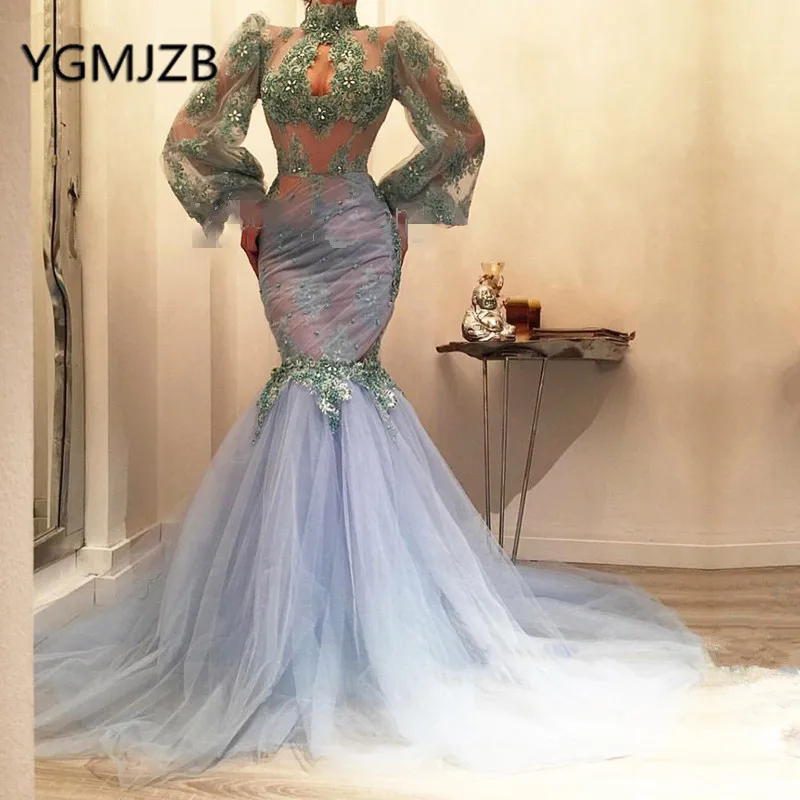 Elegant Mermaid Lace Prom Dresses 2019 Long Sleeve High Neck Beaded Appliques Evening Gown Saudi Arabia Women Formal Party Dress | Свадьбы и