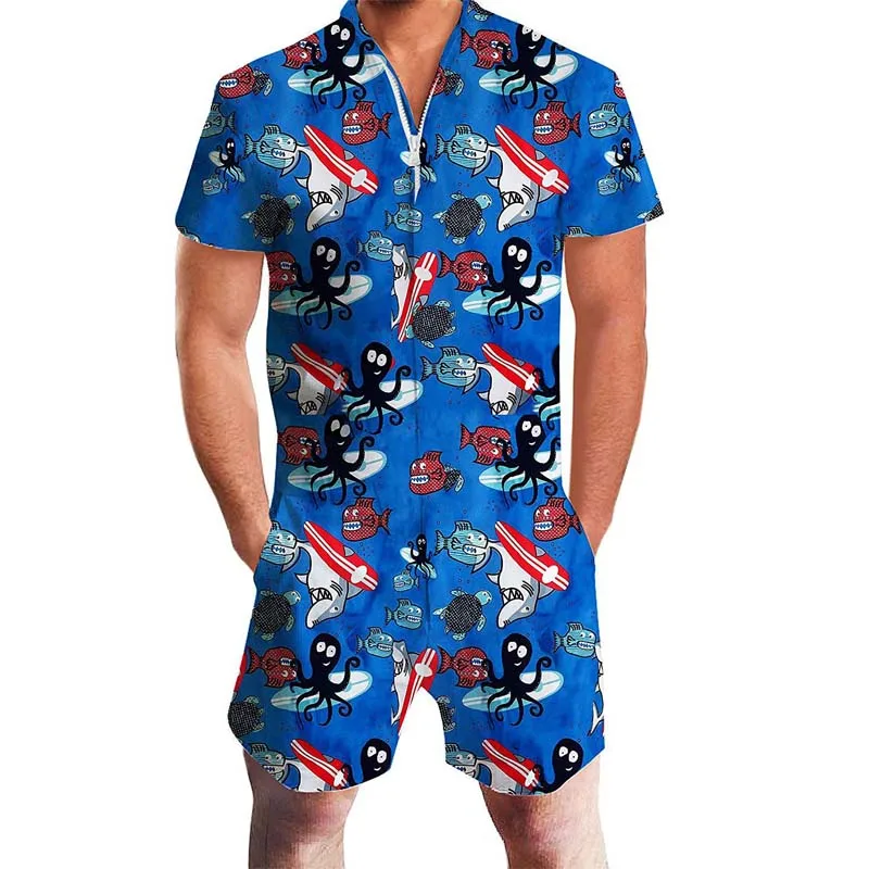 US Flag Men Rompers 3D Floral Print Funny Jumpsuit Playsuit Male Harem Cargo Overalls One Piece Beach Slim Fit Men's Sets 3XL