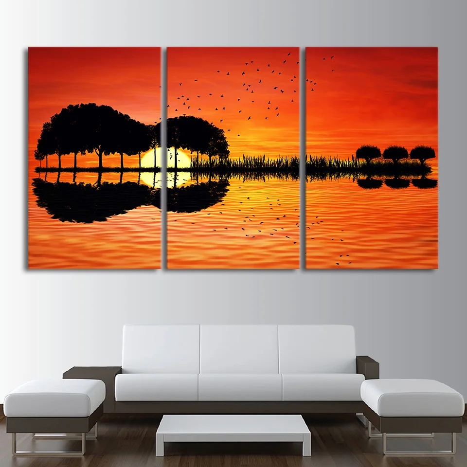 

3 piece canvas wall art HD Printed guitar tree lake sunset Painting room decor print poster picture Free shipping/CU-1311B
