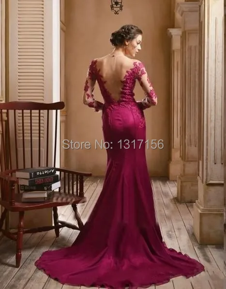 see through New Arrival Long Sleeve Sheer Back Mermaid Formal Evening Dresses Fuchsia Sweep Train Vestido de noche 2014 | Свадьбы и