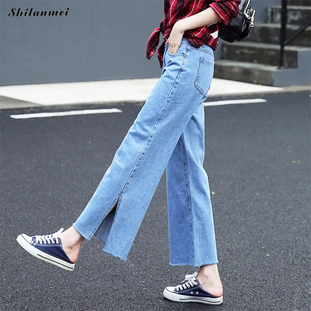 Бойфренд Джинсы для женщин Для синий Высокая Талия джинсовые Широкие брюки