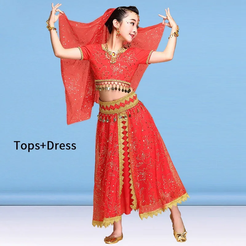 Red(2pc) Костюм для танца живота, индийское танцевальное платье для девочек, Детский костюм для танца живота, Болливуд, сценическая танцевальная одежда, платье для выступлений - Цвет: Red(2pc)