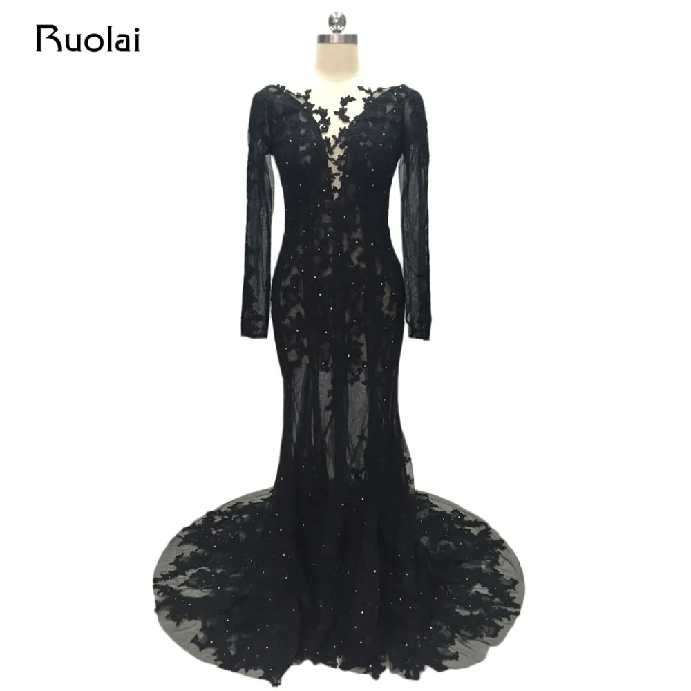 Сексуальное черное вечернее платье с длинными рукавами русалки для выпускного