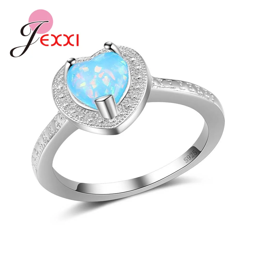 

Hot Sale Classic 925 Sterling Silver Promise Rings Charming Blue Fire Opal Stone Heart Design Wedding Engagement Jewelry