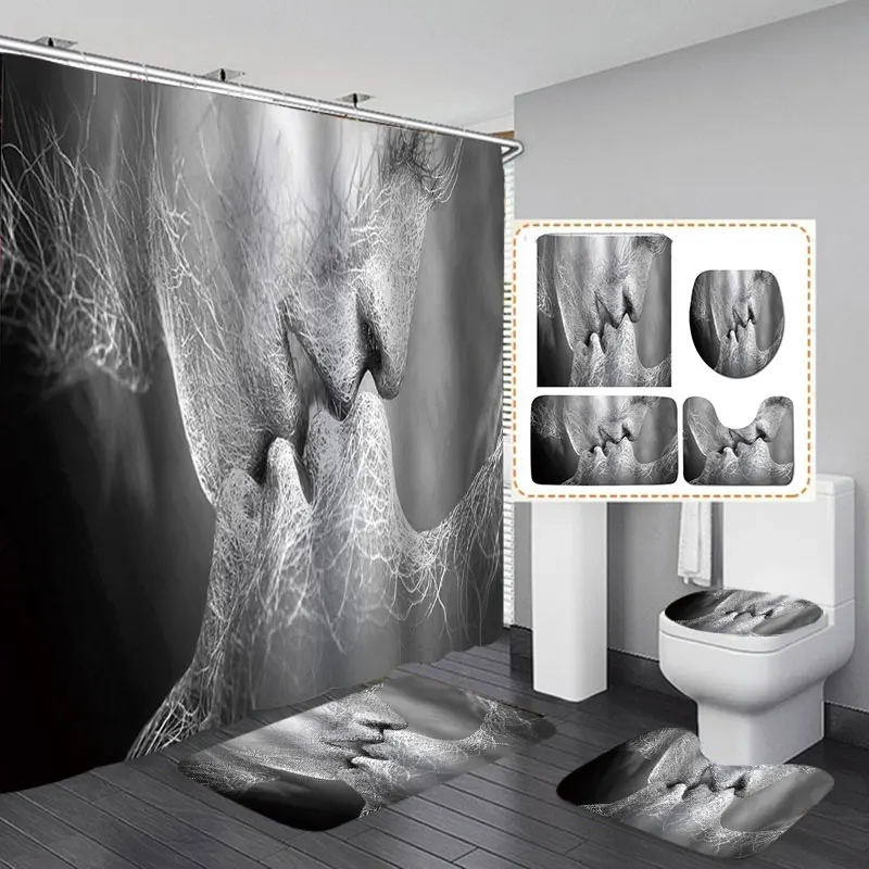 4pcs Full set Черный и белый любовь поцелуй абстрактное искусство занавески s водонепроницаемый ванная душевая занавеска противоскользящее сиденье для унитаза, коврик для пола коврик набор - Цвет: 4pcs Full set