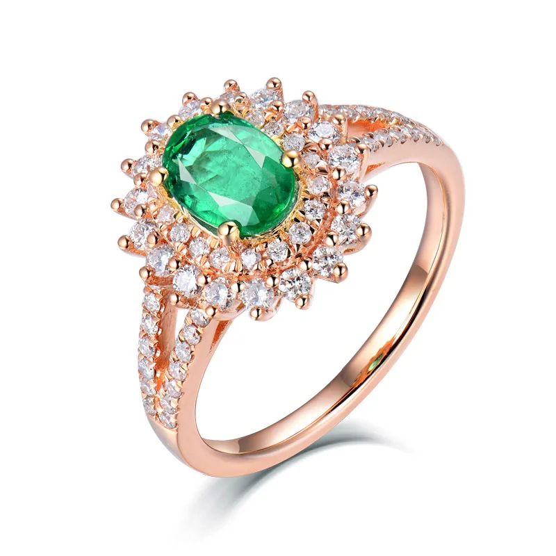 18K Rose Gold LOVERJEWELRY, женские изумрудные кольца, цельное 18 К желтое золото, натуральный овальный изумруд, драгоценный камень SI, бриллианты для женщин, обручальное кольцо, подарок - Цвет камня: 18K Rose Gold
