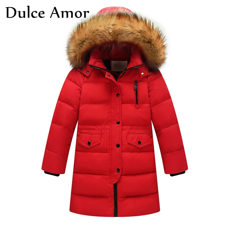 Красный Dulce Amor/детский зимний пуховик г. Теплая плотная парка с капюшоном и воротником из натурального меха, верхняя одежда пуховое пальто белого цвета для От 3 до 12 лет - Цвет: Красный