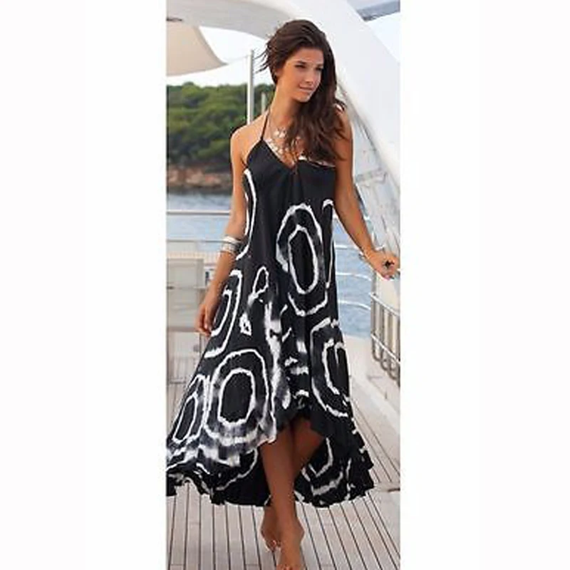 Женское шифоновое платье в стиле бохо повседневное черное с v образным вырезом и