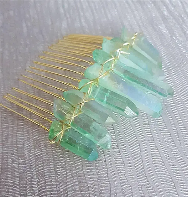 green crystal Сырой Кристалл Корона Океан Синий Зеленый Опал Природный Кварц кварц Серебряная с подвесом расческа свадебные аксессуары для волос русалки - Цвет: green crystal