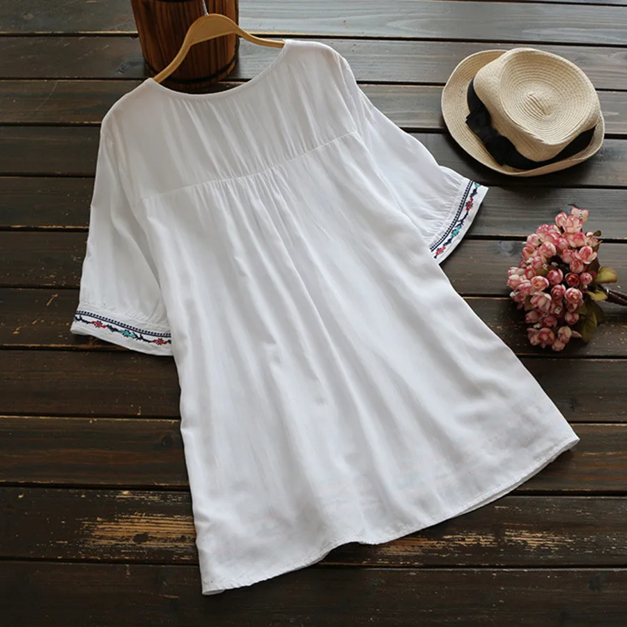 Летняя Этническая Вышивка Блузка для женщин с коротким рукавом повседневные