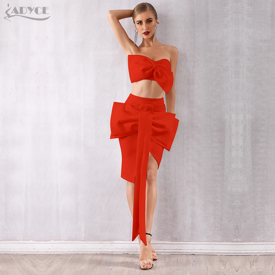 Adyce знаменитости Вечеринка платье для женщин Сексуальная Bodycon наборы для ухода за кожей без бретелек оборками рукавов лук красные, черны